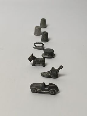 Vintage Metal Monopoly GTokens Set - Silver Tones (Thimble, Dog, Shoe, Car, Hat)